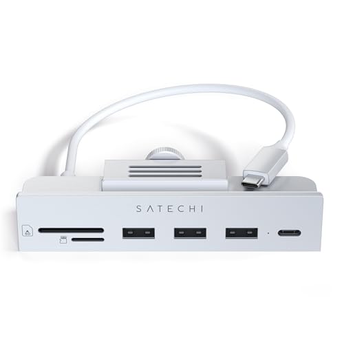 SATECHI USB-C Clamp Hub – USB-C Datenport, USB-A 3.0 Daten, Micro/SD Kartenleser – Für Apple Studio Display und 2021 iMac M1 24 Zoll. Passt Nicht für 2020 iMac und frühere Modelle (Silber)