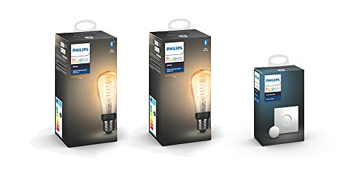 Philips Hue White Filament E27 LED Kolben 2-er Pack inkl. Hue Smart Button, dimmbar, warmweißes Licht, steuerbar via App, kompatibel mit Amazon Alexa (Echo, Echo Dot)