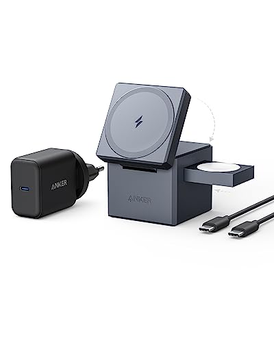 Anker 3-in-1 Cube mit MagSafe Ladestation, 15W Wireless iPhone Charger, Induktive Ladestation für Apple Watch und iPhone 16/15/14/13/12, AirPods Pro/3/2 (Inklusive 30W Ladegerät)