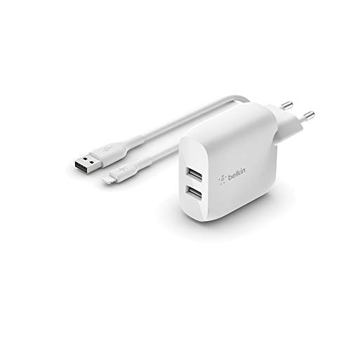 Belkin Boost Charge USB-A-Netzladegerät, 24 W, mit zwei Anschlüssen und USB-A/Lightning-Kabel (für iPhone SE, 11, 11 Pro, 11 Pro Max, XS, XS Max, XR, X, 8, iPad und AirPods)