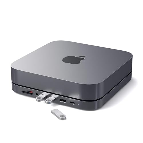 SATECHI USB-C Hub – Typ-C Aluminium Ständer & Hub – USB-C Datenport, Micro/SD Kartenleser, USB 3.0 & Kopfhöreranschluss – Für M2/M1 Mac Mini, Mac Studio, 2020 & 2018 Mac Mini (Space Grau)