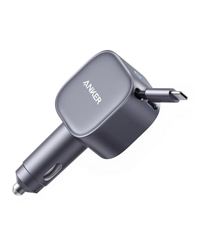 Anker USB-C Kfz-Ladegerät, 75W Max. Ultra-kompaktes Typ-C Kfz-Schnellladegerät, Integriertes einziehbares Kabel, Autonetzteil für iPhone 16/15 Serie, MacBook Pro/Air, iPad, Galaxy, AirPods