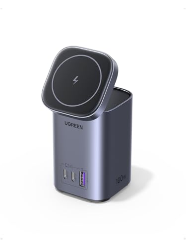 USB-C Ladegerät 100W, UGREEN Nexode Qi2 Ladegerät 15W Netzteil GaN Wireless Charger 4-in-1 Ladestation mit induktivem Ladeständer kompatibel mit MacBook Pro/Air, iPhone 12-16 Serien