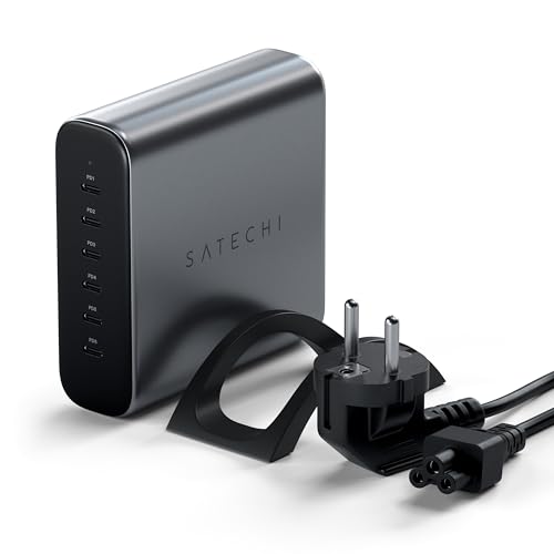 SATECHI GaN 200W USB-C Ladegerät mit 6 Anschlüssen, 2 x USB-C PD 3.1 (140W) und 4 x USB-C PD 3.0, Schnelllade-Reisestation, kompatibel mit Apple und den meisten Thunderbolt USB-C-Geräten