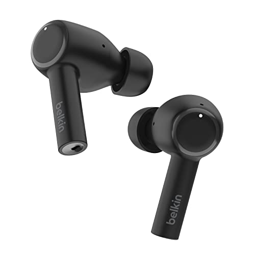 Belkin SoundForm™ Pulse In-Ear-Kopfhörer mit Geräuschunterdrückung, kabelloses Ladecase, 3 Mikrofone je Ohrhörer, Spritzwasserschutz (Schutzart IPX5), Bluetooth-Kopfhörer für iPhone, Samsung – Schwarz