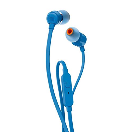 JBL Tune 110 – In-Ear Kopfhörer mit verwicklungsfreiem Flachbandkabel und Mikrofon in Blau – Für grenzenlosen Musikgenuss mit der Pure Bass Sound Technologie