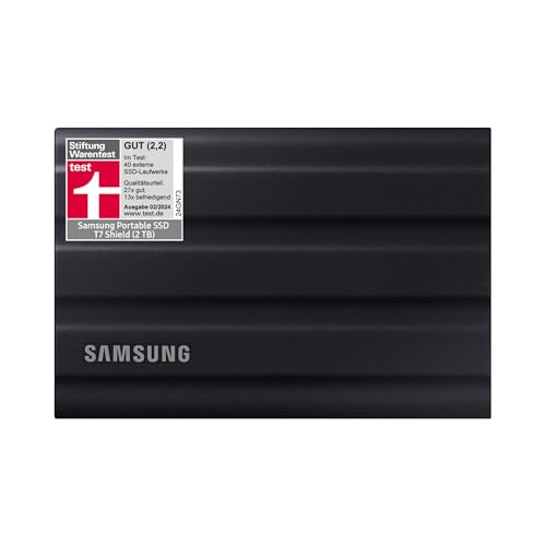 Samsung Portable SSD T7 Shield, 2 TB, USB 3.2 Gen.2, 1.050 MB/s Lesen, 1.000 MB/s Schreiben, Robuste externe Festplatte Outdoor für Mac, PC und Smartphone, Schwarz, MU-PE2T0S/EU