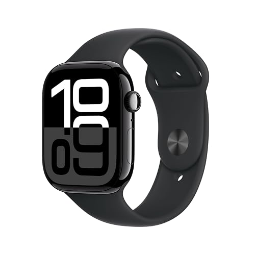 Apple Watch Series 10 (GPS 46 mm) Smartwatch mit Aluminiumgehäuse in Diamantschwarz und Sportarmband in Schwarz (M/L). Fitnesstracker, EKG App, Always-On Retina Display, Wasserschutz