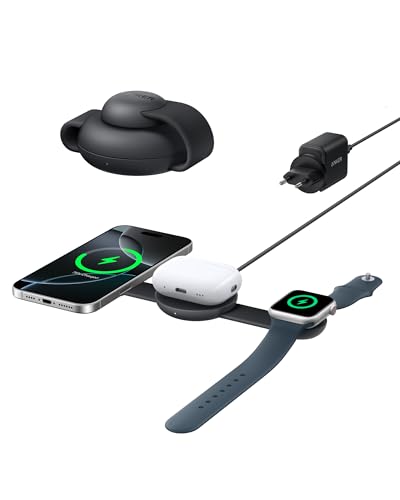 Anker MagGo 3-in-1 Kabellose Ladestation (mit EU/US/UK Stecker), MagSafe-Kompatibles Qi2-Zertifiziertes 15W Ladegerät, Faltbares Reise-Ladepad für iPhone 16/15, AirPods, Apple Watch (Keine Powerbank)