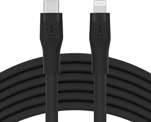 Belkin BoostCharge Flex Silikon-USB-C/Lightning-Kabel, 3 m, MFi-zertifiziert, 20 W, zum Schnellladen mit PD Power Delivery für iPhone 14/14 Plus, 13, 12, Pro, Max, mini, SE und andere Geräte – Schwarz