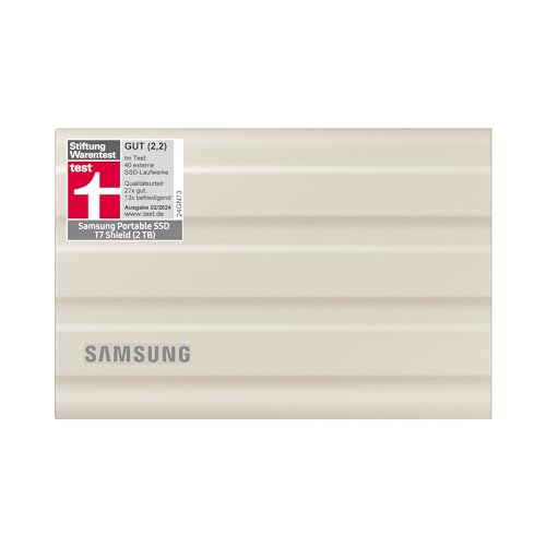 Samsung Portable SSD T7 Shield, 2 TB, USB 3.2 Gen.2, 1.050 MB/s Lesen, 1.000 MB/s Schreiben, Robuste externe Festplatte Outdoor für Mac, PC und Smartphone, Beige, MU-PE2T0K/EU