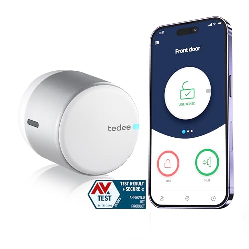 tedee Lock GO, smartes Türschloss, einfach nachrüstbar, ohne Zylindertausch, Steuerung via Bluetooth & aus der Ferne per App, iPhone & Android, Smart Home, silber, Ø 58mm x 65mm …