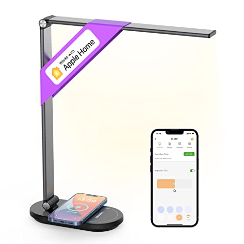 VOCOlinc Smart Schreibtischlampe LED mit 10W Wireless Charging, Kompatibel mit HomeKit/Alexa/Google Home, Stufenloses Dimmen, Sprach-/APP-/Touch-Steuerung, mit Timer, Speicherfunktion