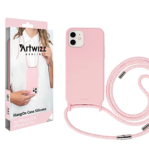 Artwizz HangOn Case geeignet für iPhone 12/12 PRO - Elastische Schutzhülle aus Silikon als Handykette zum Umhängen mit Band - Light Salsa