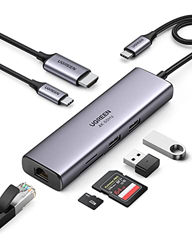 UGREEN Revodok USB C Hub 7 in 1 USB C Adapter 4K 60Hz HDMI, Gigabit Ethernet, PD 100W, SD/TF, 2*USB A Ports, USB C Docking Station kompatibel mit iPhone 16, Mac Mini M4, iPad Pro, Surface, Galaxy S24