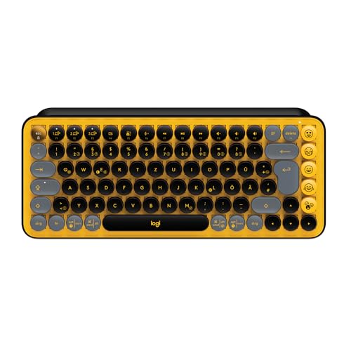 Logitech POP Keys Mechanische kabellose Tastatur mit anpassbaren Emoji-Tasten, Kompaktes Design, Bluetooth- oder USB-Verbindung, Multi-Device, OS-kompatibel, Deutsches QWERTZ-Layout - Gelb/Schwarz