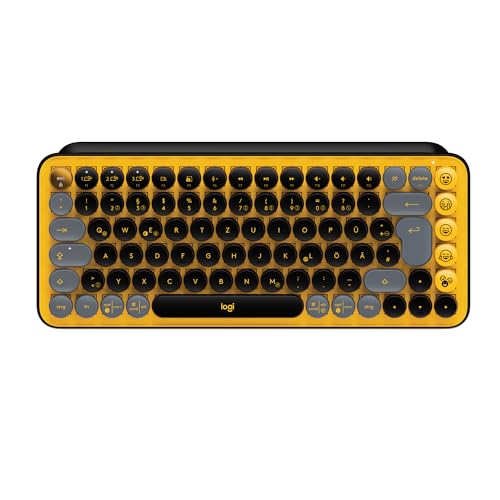 Logitech POP Keys Mechanische kabellose Tastatur mit anpassbaren Emoji-Tasten, Kompaktes Design, Bluetooth- oder USB-Verbindung, Multi-Device, OS-kompatibel, Deutsches QWERTZ-Layout - Gelb/Schwarz