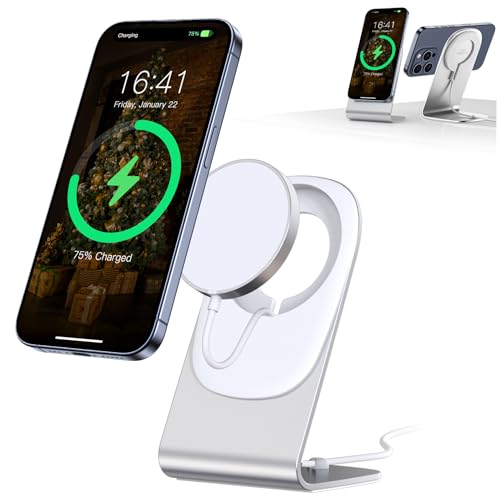 Mag Safe Ladegerät BHHB Mag Safe Ladestation mit Ständer 15W Wireless Charger für iPhone 16/15/14/13/12/Xs/X/Xr/8 Serie und Air Pods 4/3/2/Pro (Silber)