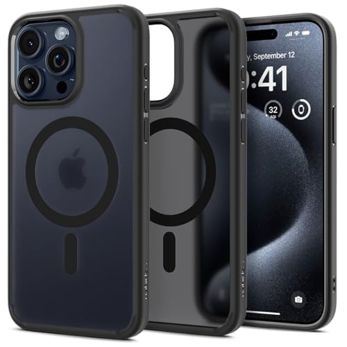 Spigen für iPhone 15 Pro Ultra Hybrid Frost MagFit Hülle [Anti-Yellowing] Case Handyhülle Transparent Dünn Slim Kompatibel mit MagSafe -Schwarz