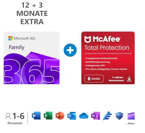 Microsoft 365 Family 12+3 Monate, bis zu 6 Nutzer | PC/Mac und mobile Geräte | bis zu 6 TB OneDrive Cloudspeicher | Aktivierungscode per E-Mail + McAfee Total Protection | 12 Monate| 6 Geräte