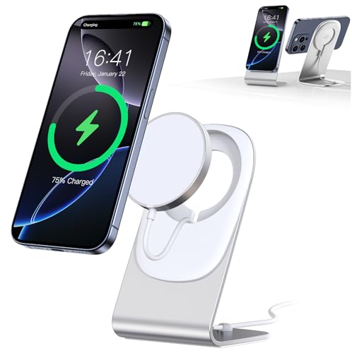 Mag Safe Ladegerät BHHB Mag Safe Ladestation mit Ständer 15W Wireless Charger für iPhone 16/15/14/13/12/Xs/X/Xr/8 Serie und Air Pods 4/3/2/Pro (Silber)