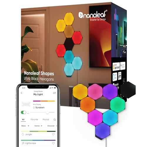 Nanoleaf Shapes Ultra Black Hexagon Starter Kit, 9 Smarten LED Panels RGBW - Modulare WLAN 16 Mio. Farben Wandleuchte Innen, Musik & Bildschirm Sync, Funktioniert mit Alexa Google Apple