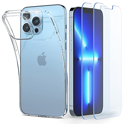 Spigen Crystal Pack Kompatibel mit iPhone 13 Pro Max Hülle 2 gehärtete Gläser enthalten Handyhülle dünn transparent silikon -Crystal Clear