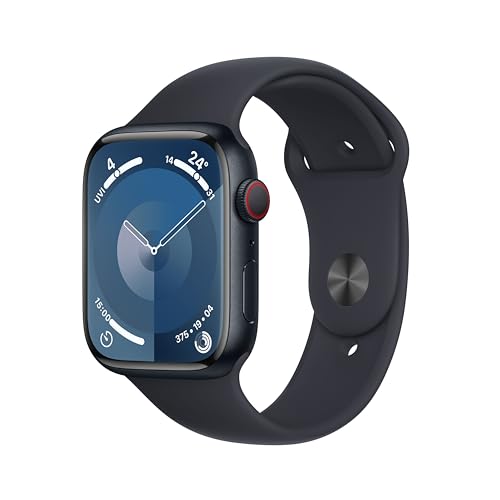 Apple Watch Series 9 (GPS + Cellular, 45 mm) Smartwatch mit Aluminiumgehäuse und Sportarmband M/L in Mitternacht. Fitnesstracker, Blutsauerstoff und EKG Apps, Always-On Retina Display, Wasserschutz