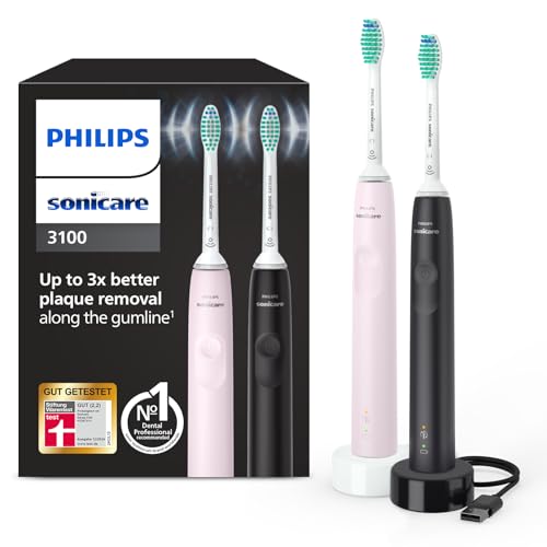 Philips Sonicare 3100 elektrische Zahnbürste, Schallzahnbürste, Andruckkontrolle und Timer, Sugar Rose und Schwarz, Zweierpack, Modell HX3675/15