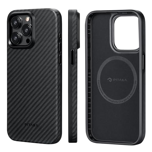 pitaka Hülle für iPhone 15 Pro Max Magnetische Schutzhülle mit Vollem Schutz Kompatibel mit Magsafe Dünne Hülle Kratzfest und Stoßfest aus 1500D Aramidfaser/TPU [MagEZ Case Pro 4] Schwarz/Grau