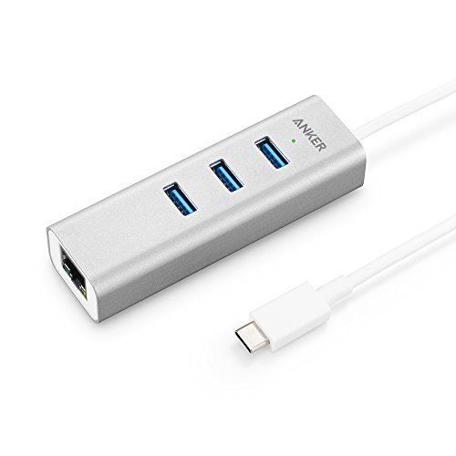 Anker 3-Port USB-C auf USB 3.0 Hub, Aluminium Datenhub, mit 10 Mbps, 100 Mbps, 1000 Mbps, oder 1 GB Netzwerk-Adapter mit Ethernet-Anschluss, für MacBook Pro 2016, ChromeBook und mehr