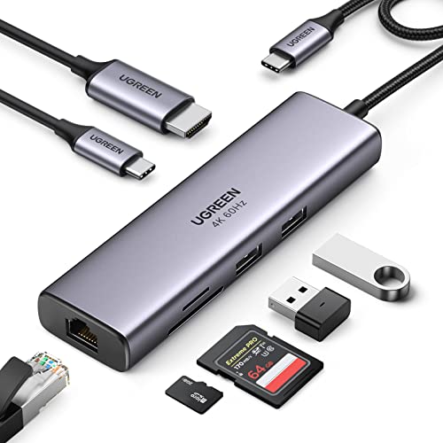 UGREEN Revodok USB C Hub 7 in 1 USB C Adapter 4K 60Hz HDMI, Gigabit Ethernet, PD 100W, SD/TF, 2*USB A Ports, USB C Docking Station kompatibel mit iPhone 15, MacBook, iPad Pro, Surface, Galaxy S24 usw.