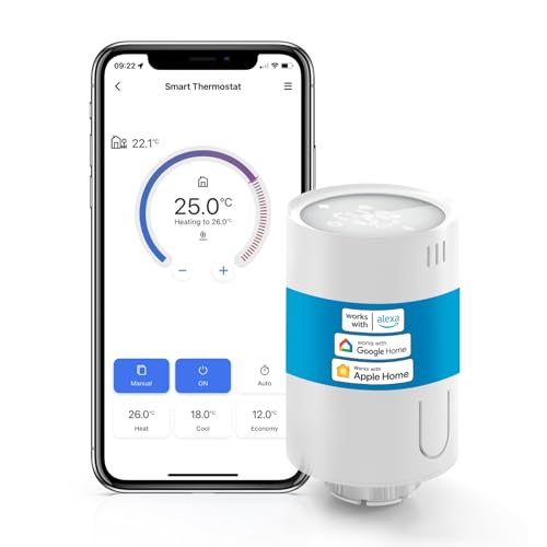 meross Smart Heizkörperthermostat kompatibel mit HomeKit, WLAN Heizungsthermostat Kompatibel mit Siri, Alexa und Google Assistant, Fernsteuerung, benötigt Hub, M30*1,5mm, 6 Adapter, 1pcs