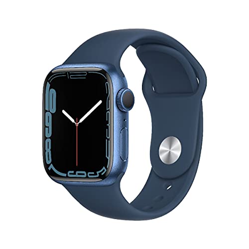 Apple Watch Series 7 (GPS, 41mm) Smartwatch - Aluminiumgehäuse Blau, Sportarmband Abyssblau - Regular. Fitnesstracker, Blutsauerstoff und EKGApps, Always-On Retina Display, Wasserschutz