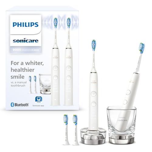 Philips Sonicare DiamondClean 9000 elektrische Zahnbürste, Doppelpack, Zahnbürste mit Schalltechnologie inklusive App, Drucksensor, 4 Putzmodi, 3 Intensitätsstufen, Ladeglas, weiß, Modell HX9914/62