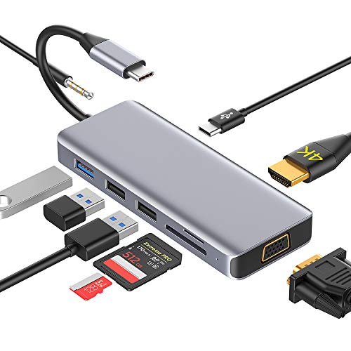 USB C Hub Multiport Docking Station 9 in 1 mit HDMI 4K,VGA,USB 3.0,USB-C PD Charging Port,SD/TF Kartenleser,Audio Kompatibel with MacBook Pro/Air 2019/2018,Thunderbolt 3 Type C Geräte