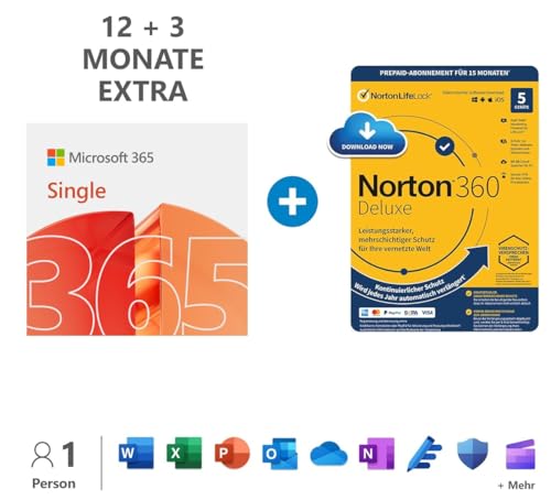 Microsoft 365 Single | 12+3 Monate, 1 Nutzer | PC/Mac & mobile Geräte | bis zu 6 TB OneDrive Cloudspeicher | Code per E-Mail + NORTON 360 Deluxe | 15 Monate mit automatischer Verlängerung | 5 Geräte