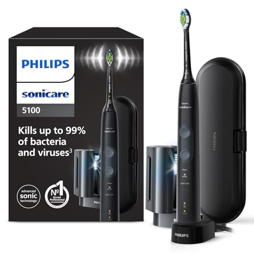 Philips Sonicare ProtectiveClean 5100 elektrische Zahnbürste, Schallzahnbürste mit 3 Putzmodi, Drucksensor, Timer, Reiseetui, UV-Reinigungsgerät, Schwarz, Modell HX6850/57