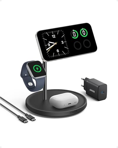 Anker MagGo 3-in-1 Kabellose Ladestation, 15W kabelloser Ladeständer, MagSafe-kompatibel, Qi2-zertifiziert, für iPhone 16/15/14/13 Serie, AirPods Pro, Apple Watch Ultra (Mit USB-C Netzteil und Kabel)