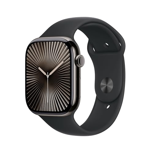 Apple Watch Series 10 (GPS + Cellular 46 mm) Smartwatch mit Titangehäuse in Schiefer und Sportarmband in Schwarz (S/M). Fitnesstracker, EKG App, Always-On Retina Display, Wasserschutz