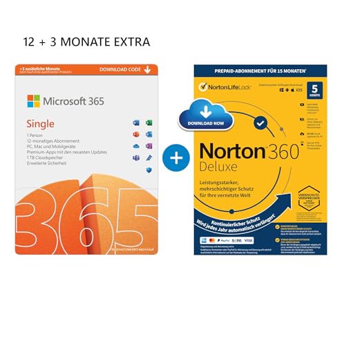 Microsoft 365 Single | 12+3 Monate, 1 Nutzer | PCs/Macs & mobile Geräte | Aktivierungscode per E-Mail + NORTON 360 Deluxe | 15 Monate mit Automatischer Verlängerung, 5 Geräte |