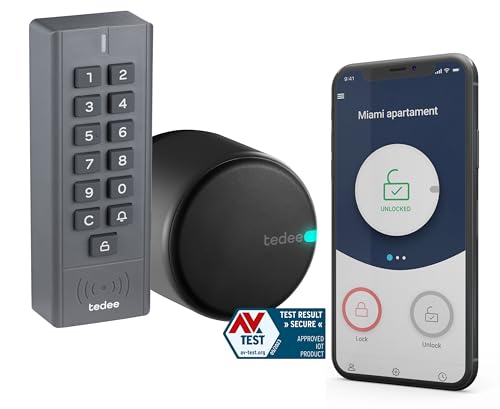 tedee GO Set | schwarzes Schloss und Keypad | smartes Türschloss | Tastenfeld | Smart-Home-Lösung für iOS und Android | Bluetooth | Motorschloss | Zugang über PIN-Codes | Keine Installationshardware