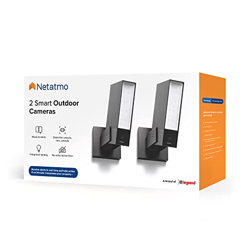 Netatmo 2er-Pack Außenkameras, Integrierte Beleuchtung, Personenerkennung , 1920p, Autos und Tiere, Aluminium Schwarz, NBU-2-NOC-AMZ