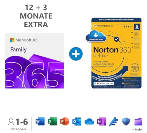 Microsoft 365 Family | 12+3 Monate, bis zu 6 Nutzer | PC/Mac & mobile Geräte | bis zu 6 TB Cloudspeicher | Code per E-Mail + NORTON 360 Deluxe | 15 Monate mit automatischer Verlängerung | 5 Geräte