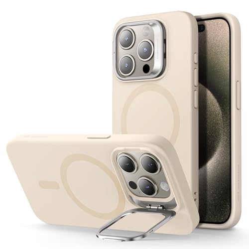 ESR für iPhone 15 Pro Hülle, Kompatibel mit MagSafe Silikon hülle mit Ständer, Militärnorm Schutz, integrierter Kameraständer, magnetisches Handy Case für iPhone 15, Cloud-Serie, Beige