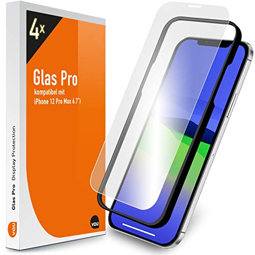 vau Glas Pro kompatibel mit iPhone 12 Pro Max (6.7“) – Displayschutz Folie 3D Full Screen Schutzglas + Schablone (4 Gläser)