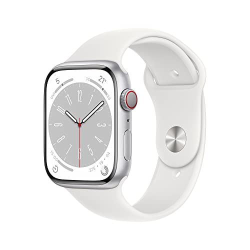 Apple Watch Series 8 (GPS + Cellular, 45mm) Smartwatch - Aluminiumgehäuse Silber, Sportarmband Weiß - Regular. Fitnesstracker, Blutsauerstoffund EKGApps, Always-On Retina Display, Wasserschutz