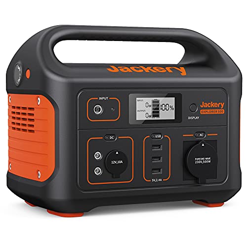 Jackery Explorer 500, 518Wh Tragbare Powerstation Mobiler Stromspeicher mit 230V/500W (Spitze 1000W) Steckdose + USB, Mobile Stromversorgung mit LCD-Anzeige für Party, Camping, Wohnmobil, Heimwerken