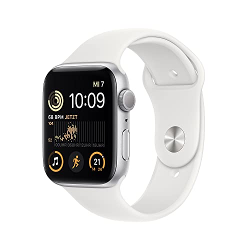 Apple Watch SE (2. Generation) (GPS, 44mm) Smartwatch - Aluminiumgehäuse Silber, Sportarmband Weiß - Regular. Fitness-und Schlaftracker, Unfallerkennung, Herzfrequenzmesser, Wasserschutz