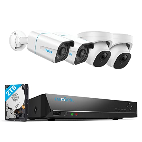 Reolink 4K Überwachungskamera Set Aussen, 4X 8MP PoE IP Outdoor Kamera mit Smarter Personen- und Fahrzeugerkennung, 8CH 2TB HDD NVR für 24/7 Überwachung mit Audio, Bewegungsmelder, RLK8-810B2D2-A